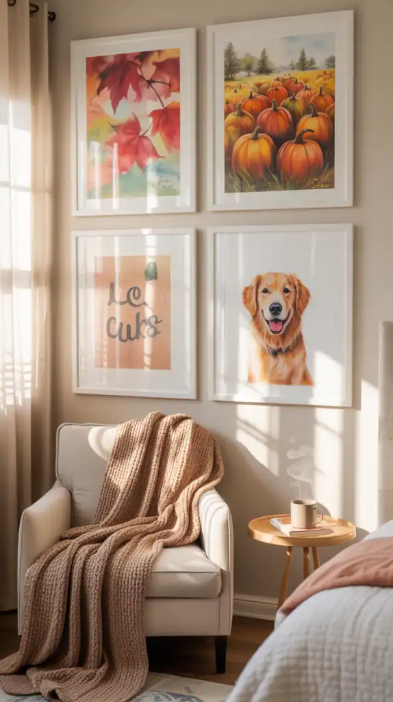 A cozy bedroom with a gallery wall of autumn-themed artwork, including leaves, pumpkins, and a playful dog.