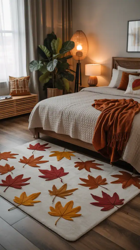 A cozy fall bedroom featuring a plush area rug with autumn leaves, a wooden bed, and warm lighting.