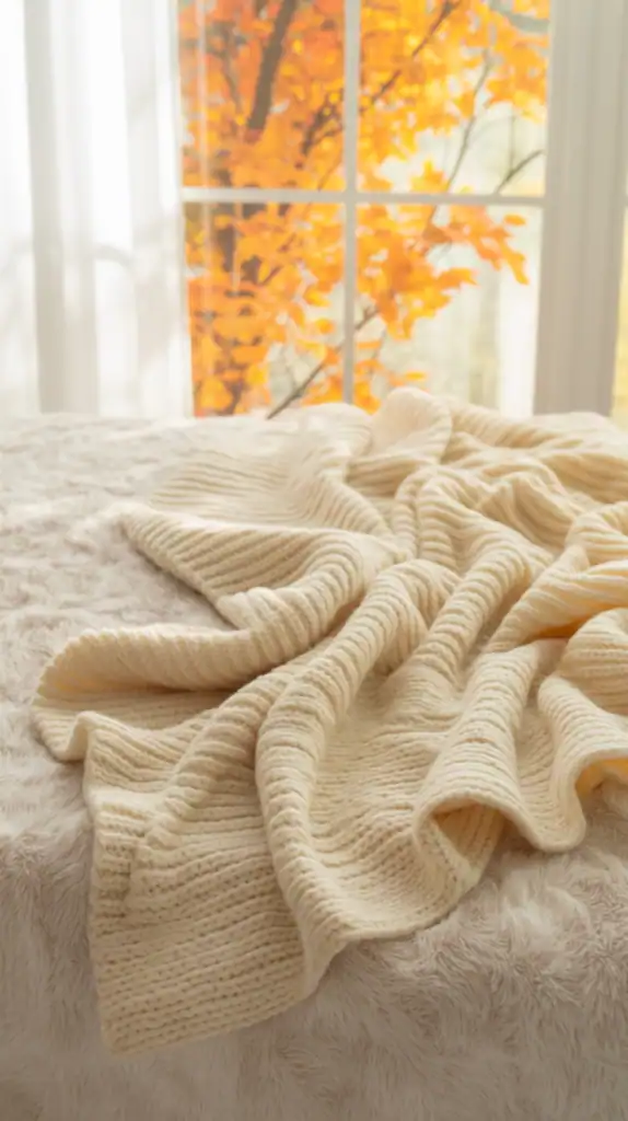 A soft knit blanket on a bed with orange leaves in the background.