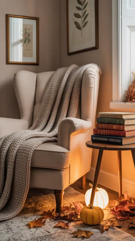 Cozy bedroom corner with a chair, a stack of books, and autumn decorations