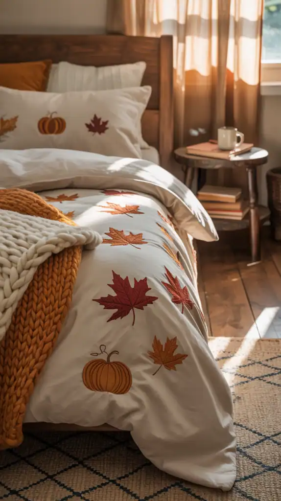 Cozy fall bedroom with seasonal bedding featuring leaves and pumpkins