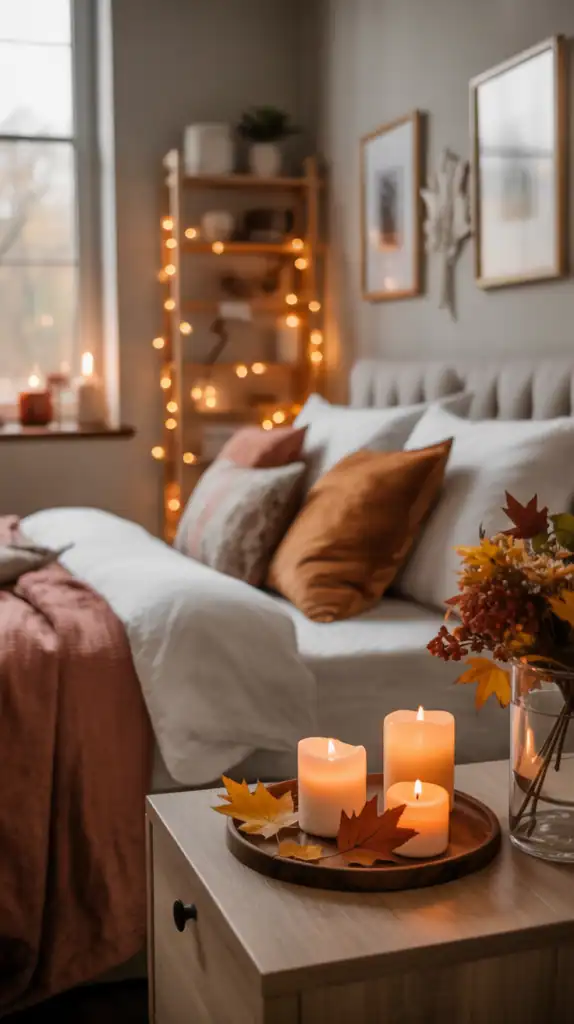 A cozy fall bedroom with candles, leaves, and soft bedding.