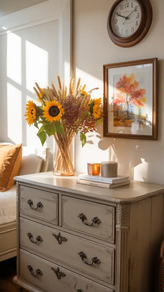 A cozy fall bedroom featuring a vintage dresser, wall clock, framed art, and a vase of fresh flowers.