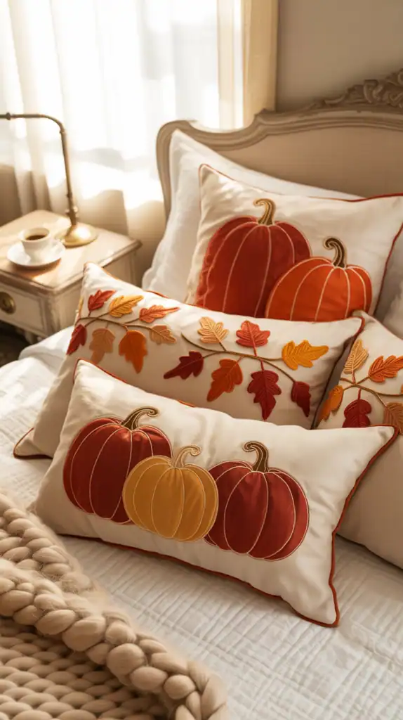Decorative pillows with fall motifs on a bed, featuring pumpkins and autumn leaves.