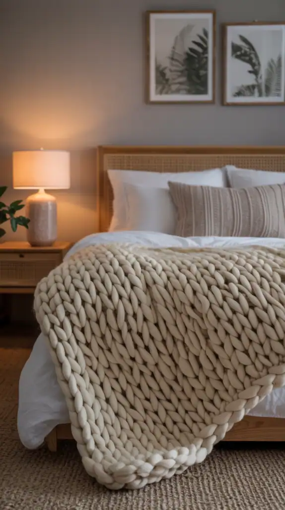 A chunky knit throw blanket draped over a bed, creating a warm and cozy atmosphere.