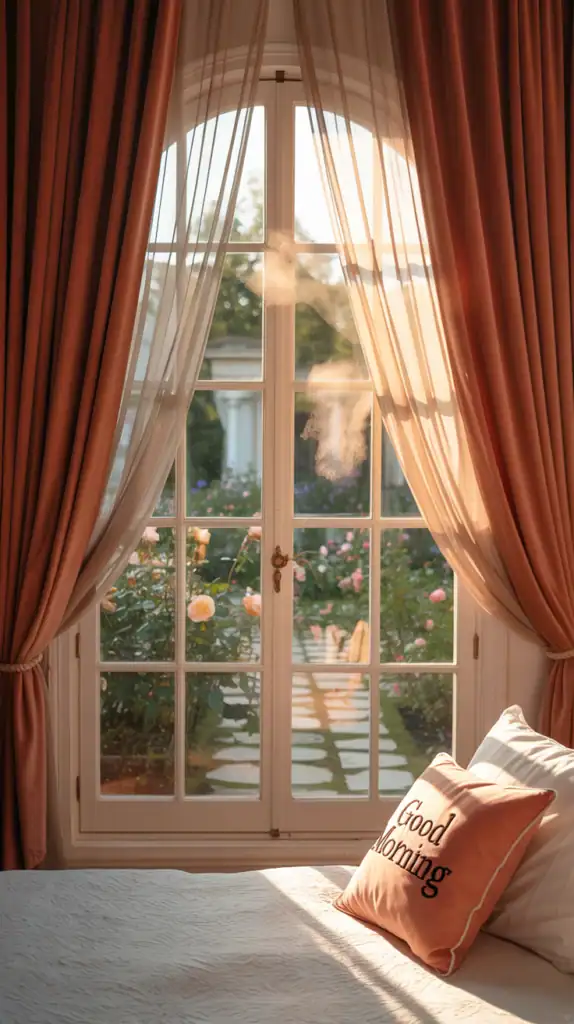 A cozy bedroom window with coral and sheer white curtains