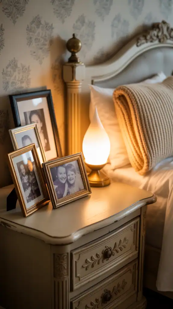 A cozy bedroom scene featuring family photos on a bedside table, with warm lighting.