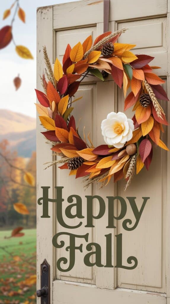 A fall-themed wreath with orange and yellow leaves and a white flower, hanging on a white door.