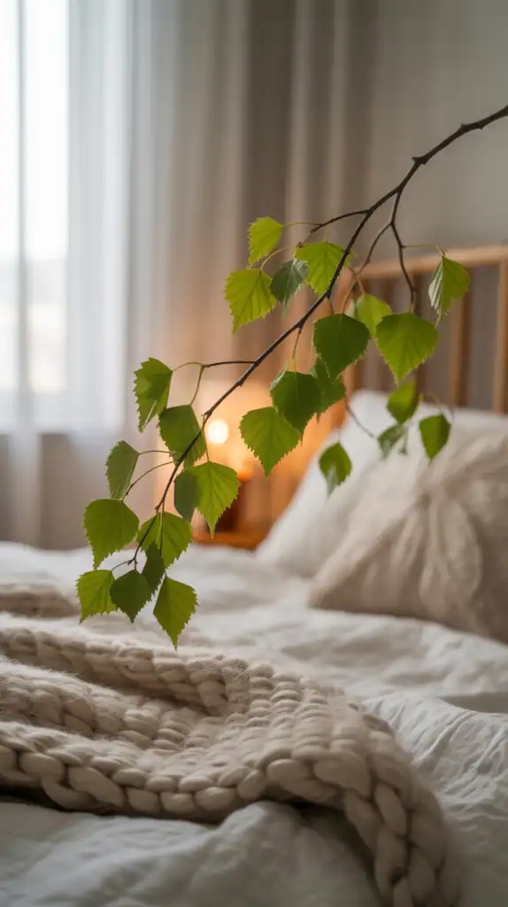 A cozy bedroom featuring a branch with leaves and soft bedding.