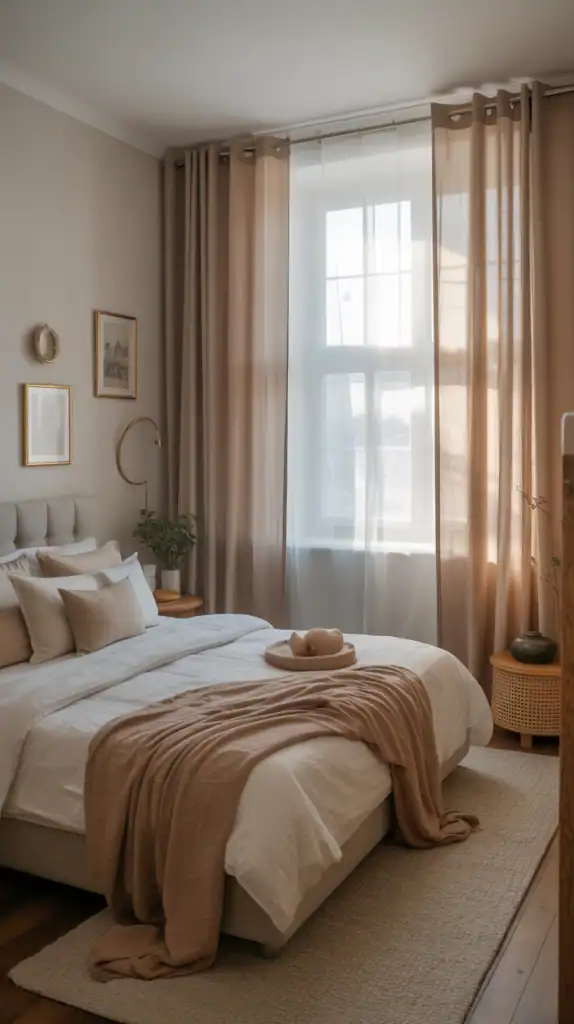 A cozy bedroom with layered curtains in soft colors, allowing light control and warmth.