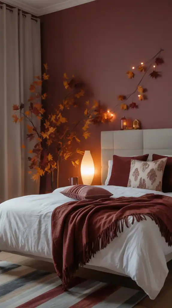 A cozy bedroom with a bed covered in a white duvet and a burgundy throw, surrounded by soft lighting and autumn leaves.