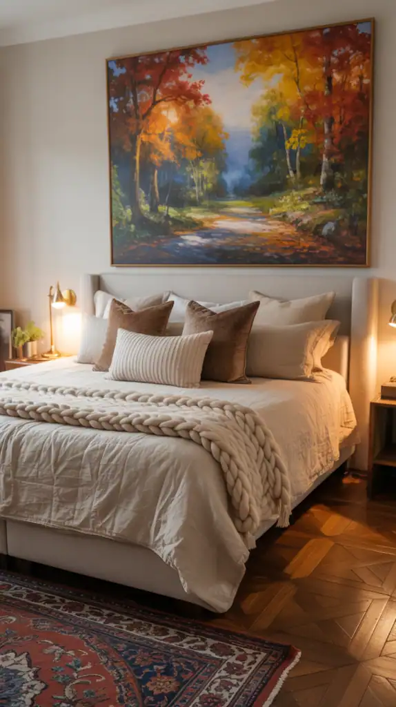A cozy bedroom with a fall landscape painting above the bed, showcasing vibrant autumn colors.