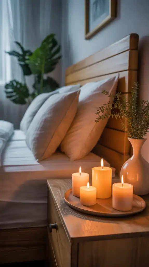 A cozy bedroom scene with scented candles on a bedside table, creating a warm atmosphere.