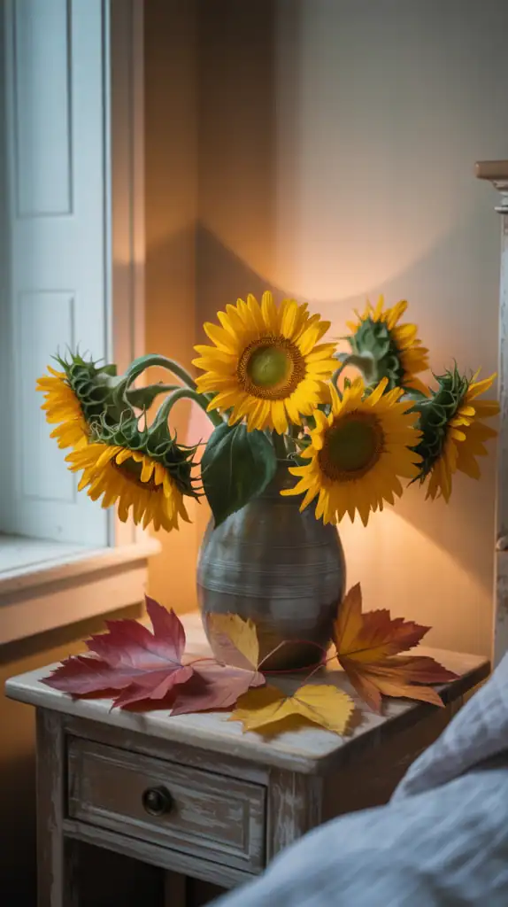 A vase of sunflowers and autumn leaves on a bedside table