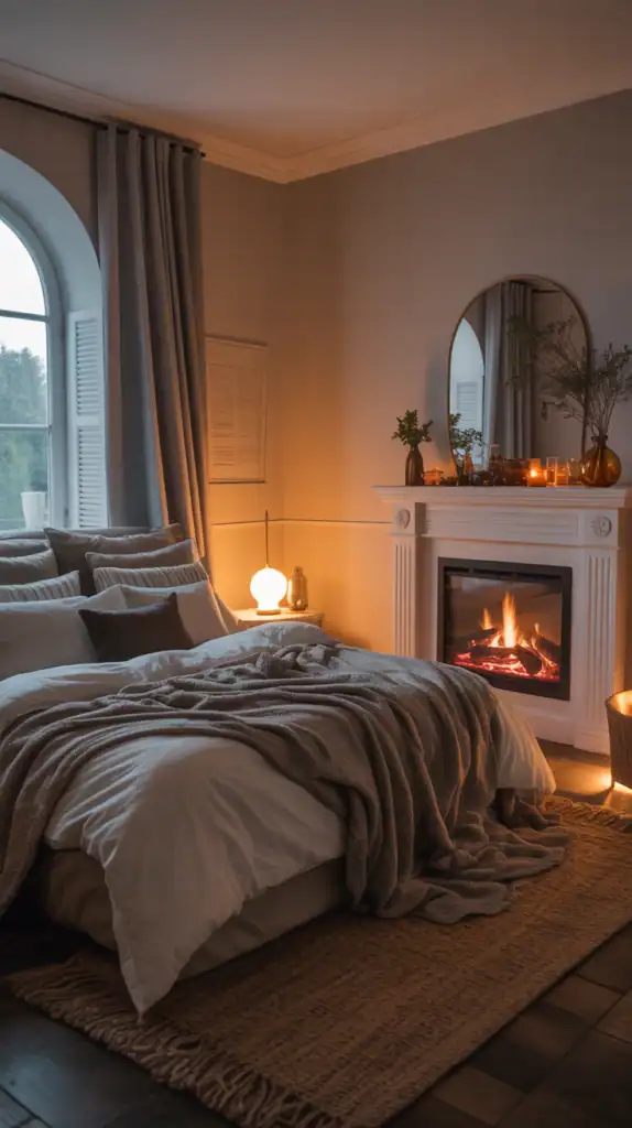 A cozy bedroom with a fireplace, soft bedding, and warm lighting.