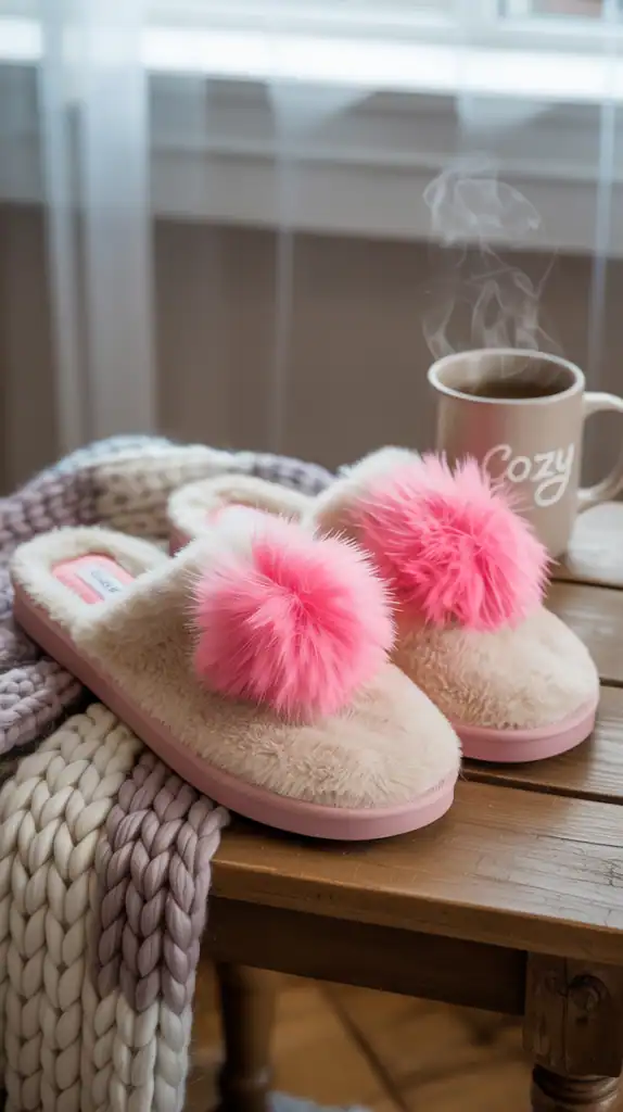Fluffy slippers with pom-poms on a cozy blanket