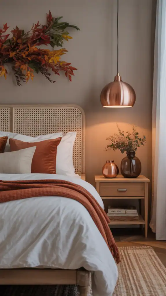 A cozy fall bedroom featuring warm metal accents, including a copper pendant light and metallic decor on the bedside table.