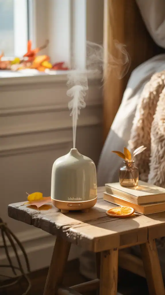 A cozy bedroom scene featuring a fragrance diffuser on a bedside table, with soft lighting and a touch of fall decor.