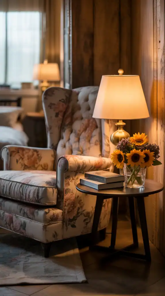 A cozy reading corner with an armchair, lamp, and flowers in a warm bedroom setting.