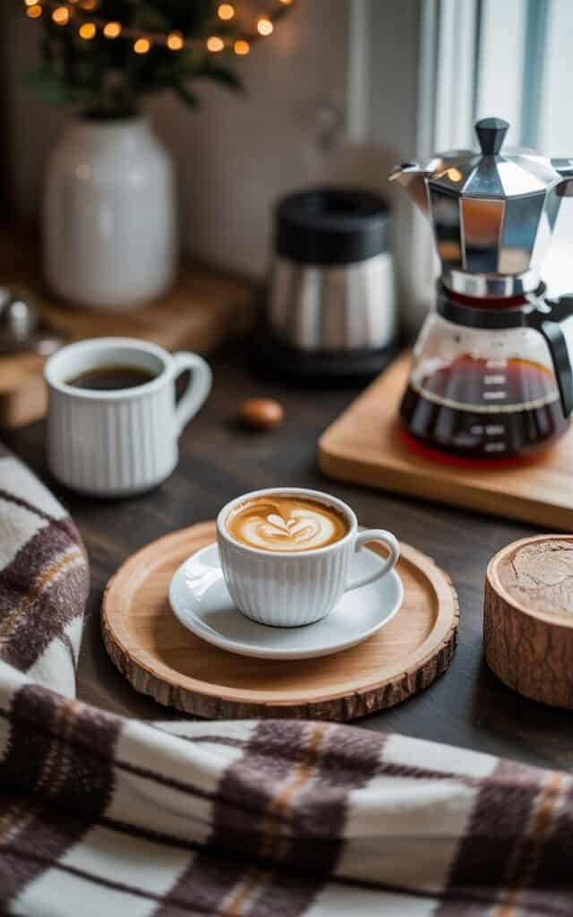 A cozy coffee station featuring a cup of coffee on a white saucer, surrounded by a warm flannel blanket and coffee-making equipment.