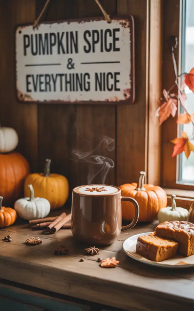 Cozy coffee station decorated with pumpkins and pumpkin spice items