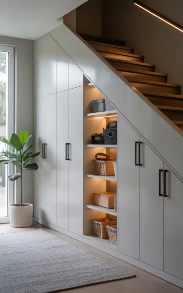 Stylish under staircase storage in a modern home