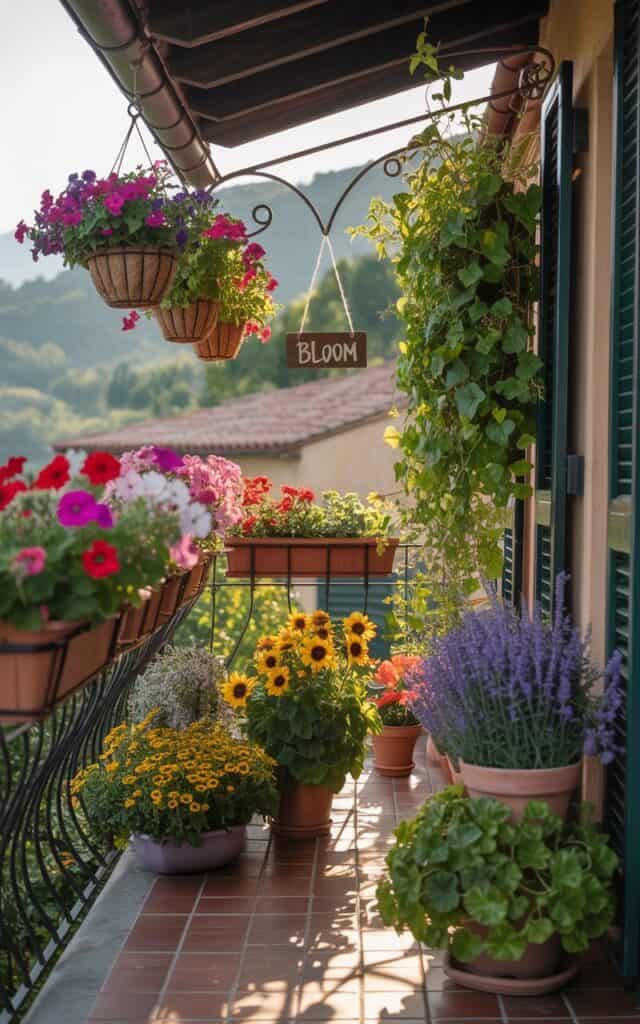 A balcony filled with colorful plants and flowers, showcasing seasonal planting.