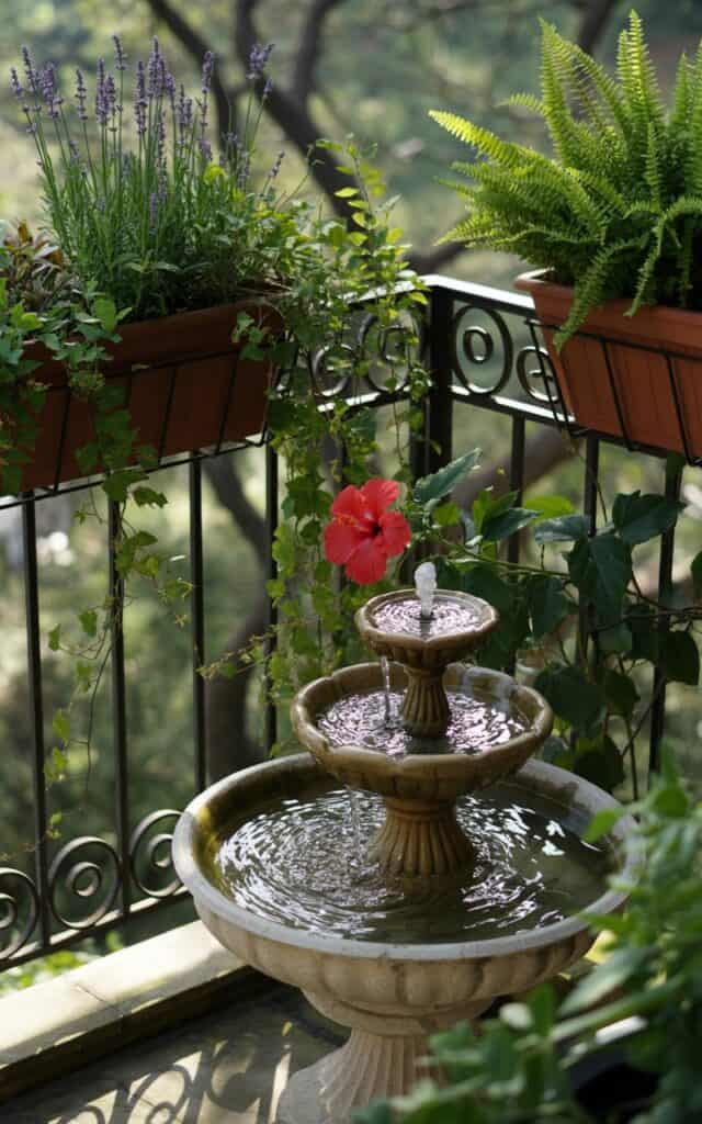 A balcony with a small fountain surrounded by various plants.