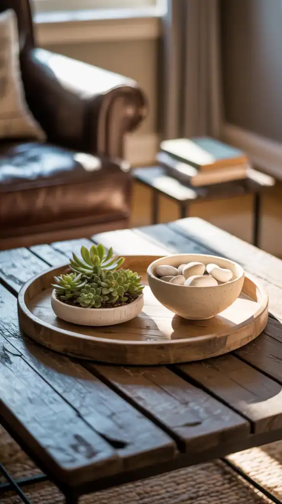 A rustic coffee table with a wooden tray, succulent, and ceramic bowl.