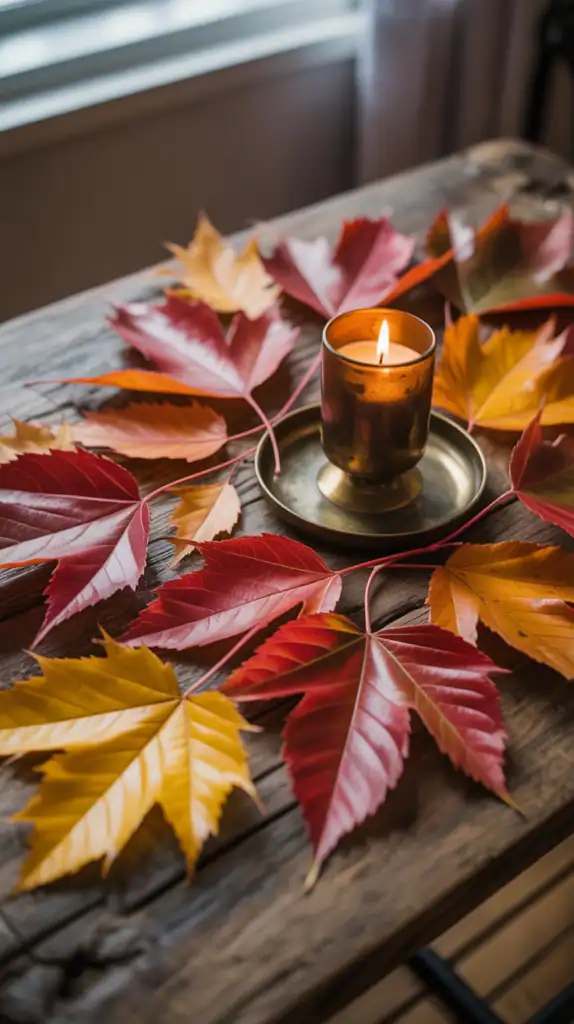 Vibrant autumn leaves in red, yellow, and orange scattered on a rustic wooden table with a glowing brass candle.
