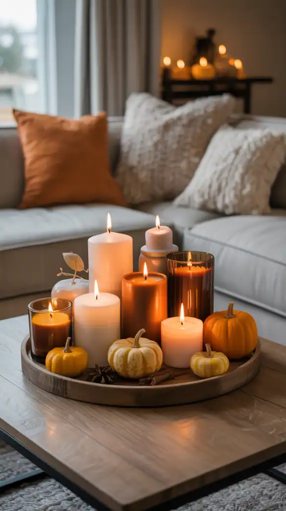A cozy fall coffee table decor featuring a pumpkin spice candle arrangement with various candles and small pumpkins.