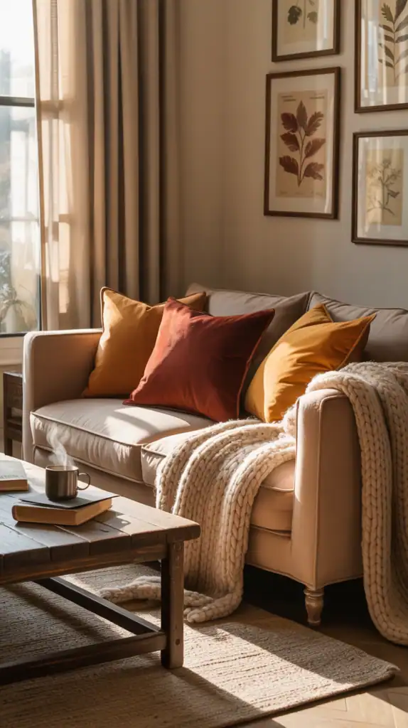 A cozy sofa with warm-toned throws and pillows, perfect for fall decor.