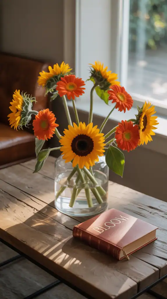 A vibrant floral centerpiece featuring sunflowers and gerbera daisies in a clear vase on a coffee table.