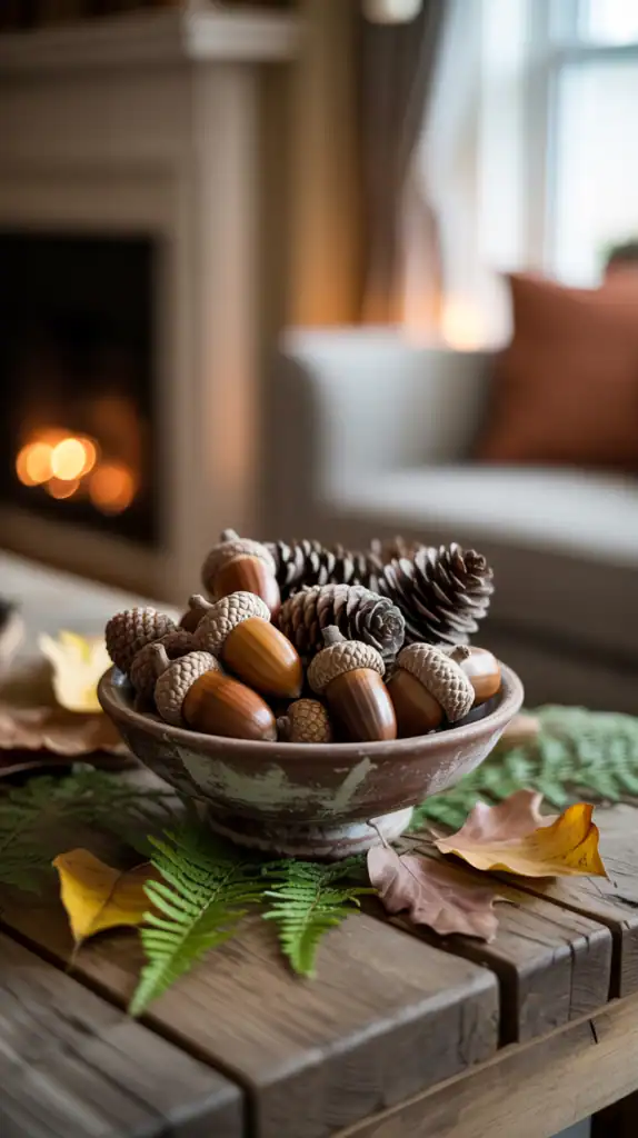 A rustic bowl filled with acorns and pinecones, surrounded by greenery, on a coffee table.