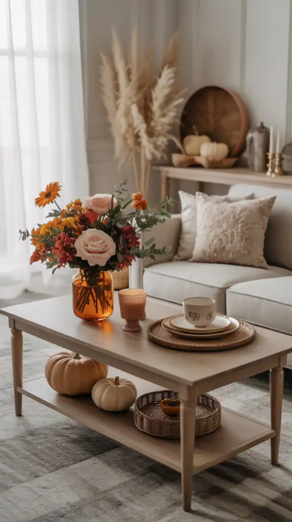 A cozy coffee table decorated for fall with flowers, pumpkins, and elegant tableware.