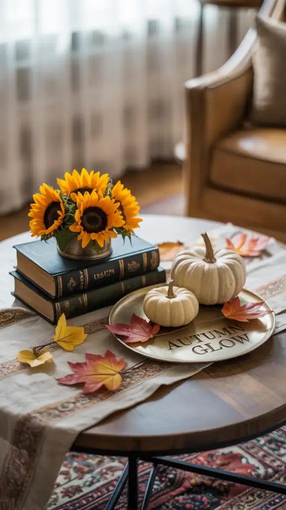 A cozy coffee table decorated for fall with flowers, pumpkins, and elegant tableware.
