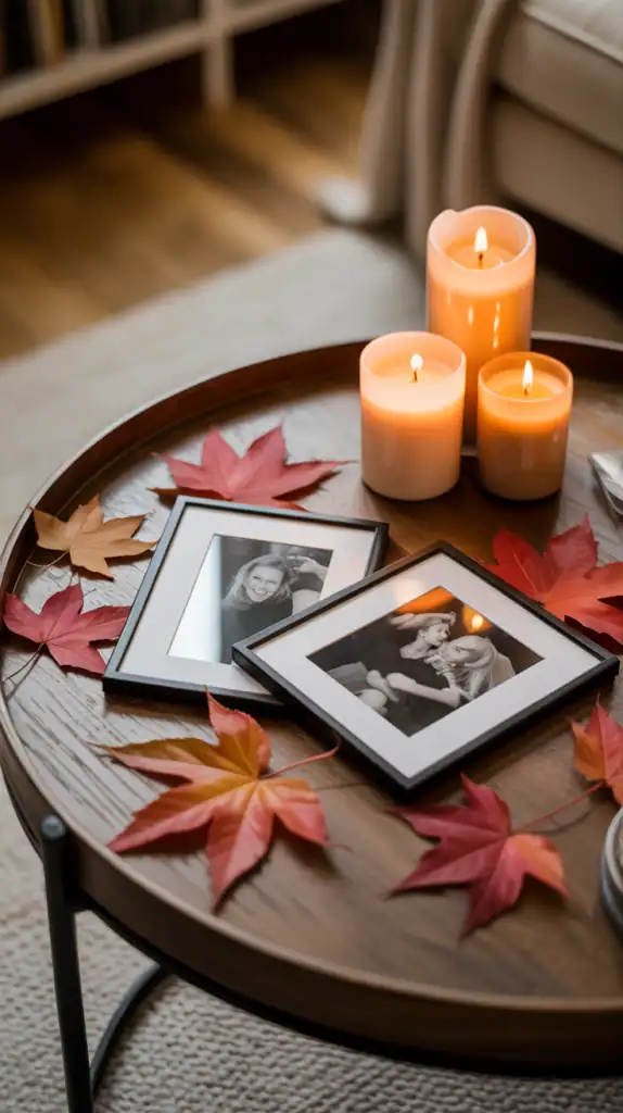 A cozy coffee table display featuring framed photos, autumn leaves, and candles.