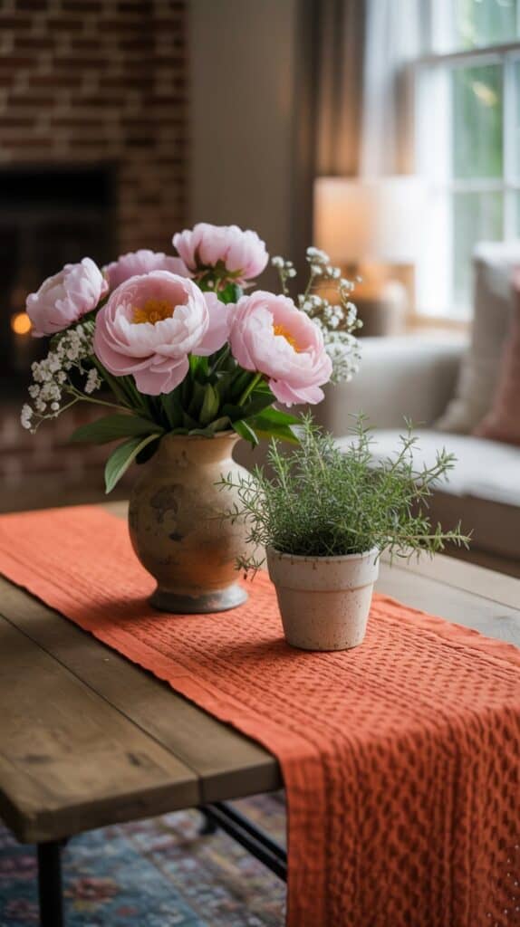 A cozy orange textured table runner on a coffee table, with a vase of flowers and a clay pot.
