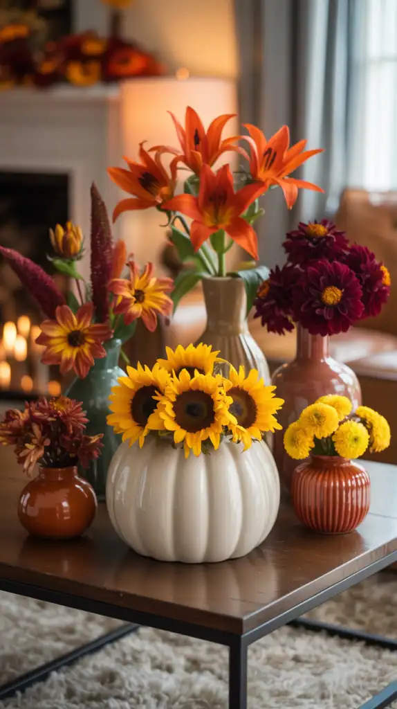 A collection of vases with fall flowers on a coffee table, featuring bright blooms and a white pumpkin vase.