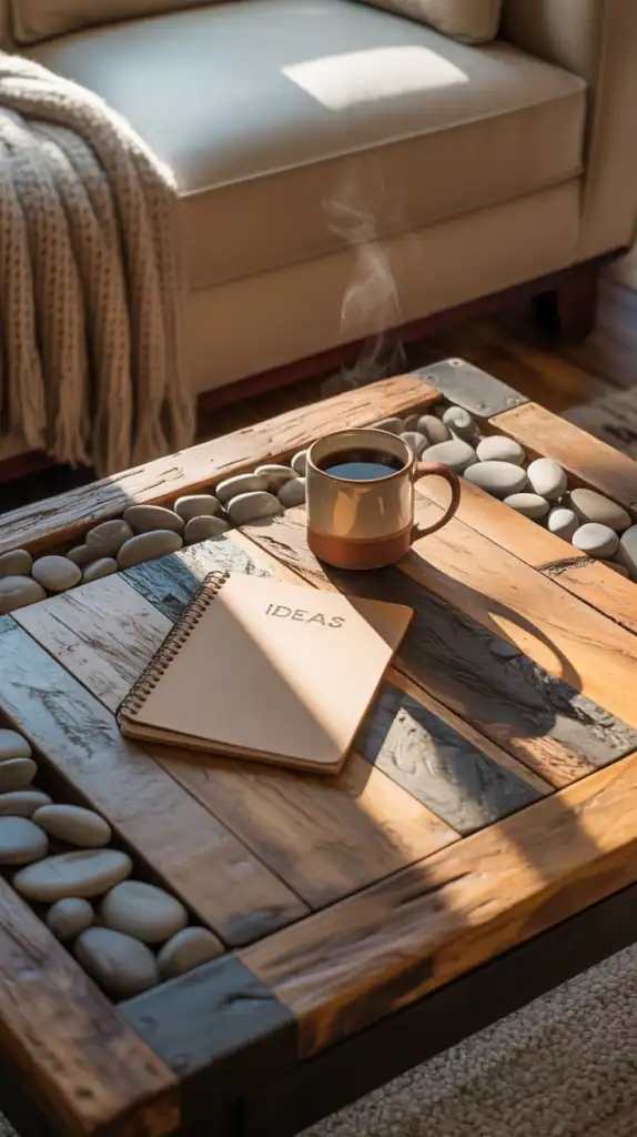 A cozy coffee table featuring natural stone accents, a notepad, and a warm wooden surface.