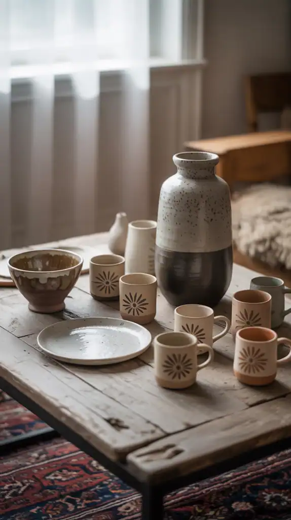A collection of handcrafted pottery and ceramics on a coffee table, featuring various sizes and earthy tones.