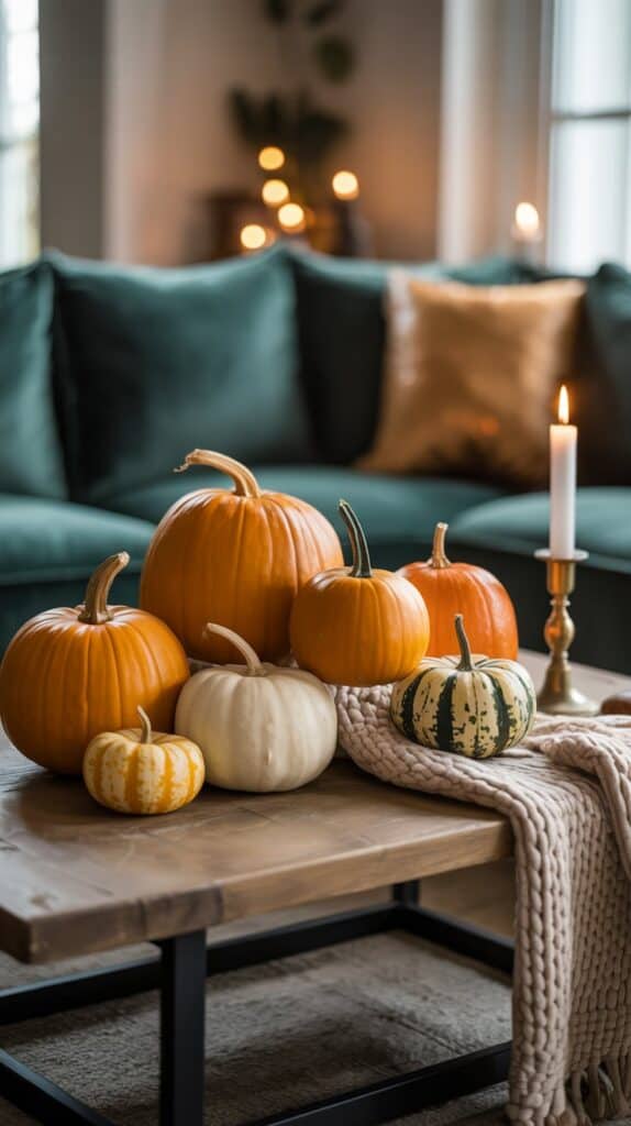 A whimsical display of various pumpkins on a coffee table, featuring orange, white, and speckled gourds.