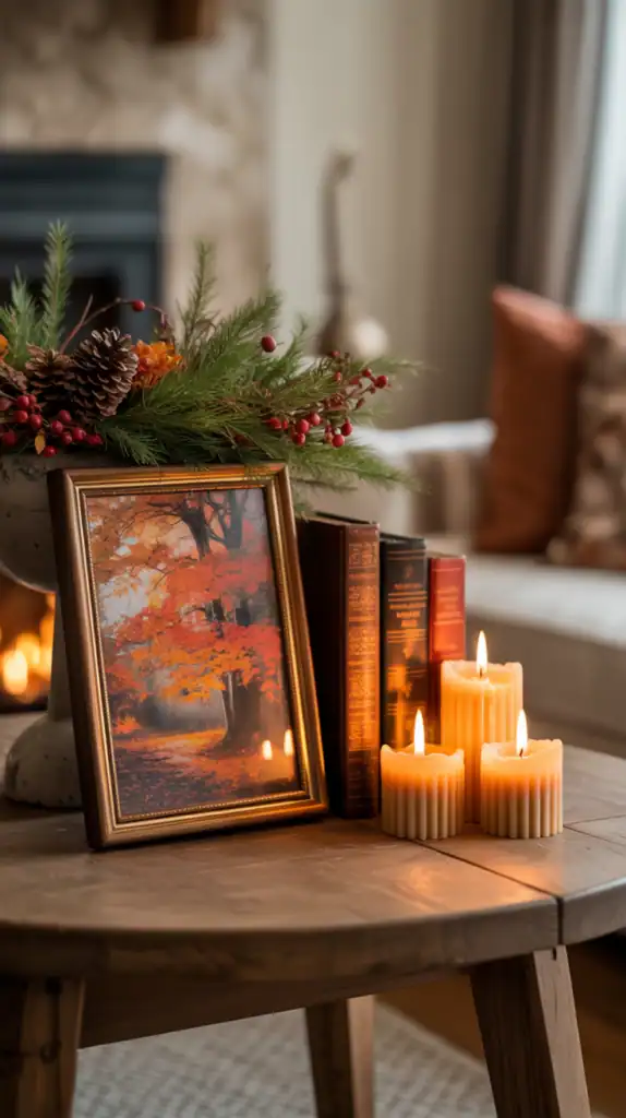 A cozy coffee table decorated with seasonal artwork, including framed prints of trees and a wreath, along with candles and books.