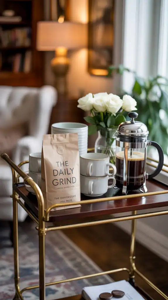 Brass bar cart styled as a coffee station with a French press, mugs, coffee beans, and white roses in warm sunlight.
