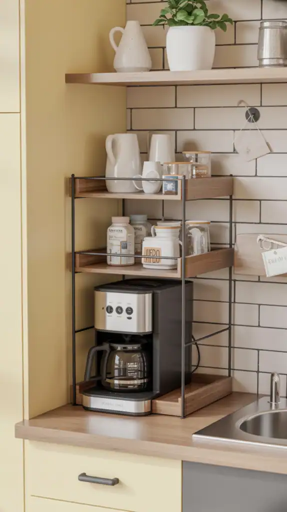 A tiered shelf organizer system placed over a coffee maker on a small countertop, maximizing vertical space