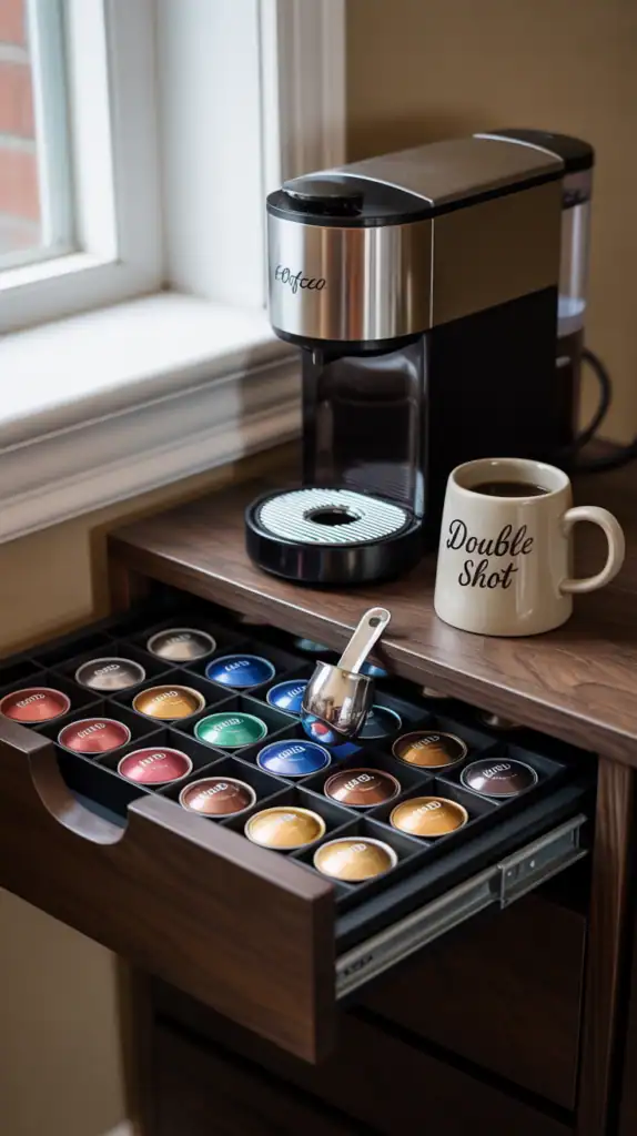 A coffee maker sitting on top of a pull-out drawer organizer filled with neatly arranged coffee pods and accessories