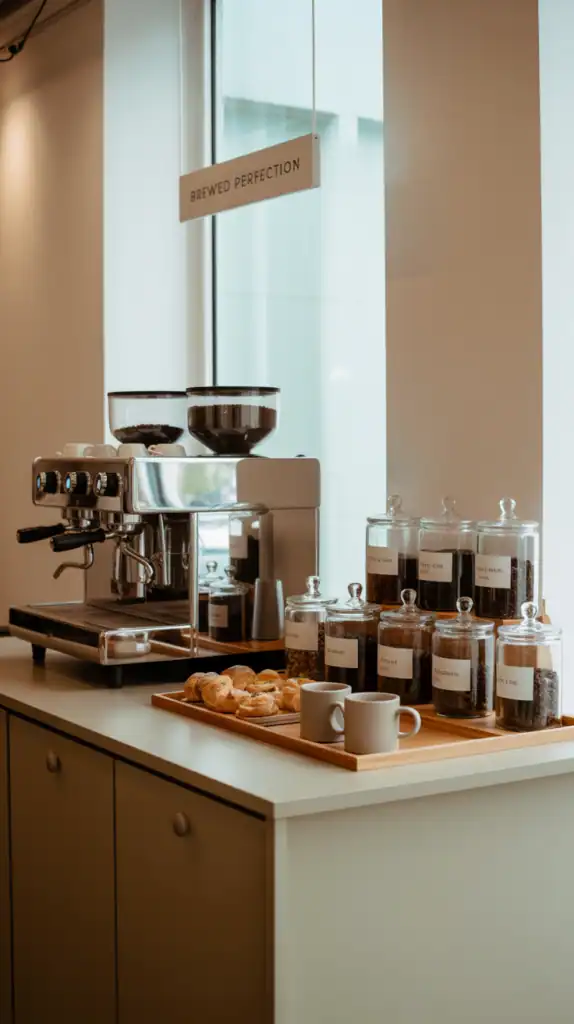 A compact station serving both coffee and tea drinkers with organized sections for each beverage type