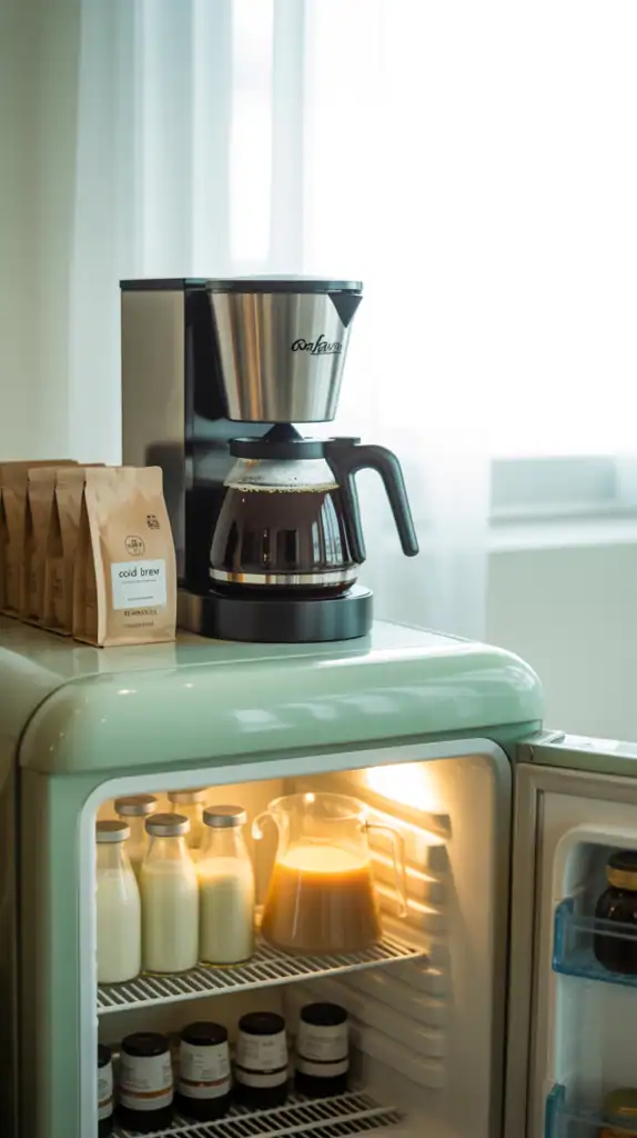 A coffee maker and supplies arranged on top of a mini refrigerator that stores milk and cold brew