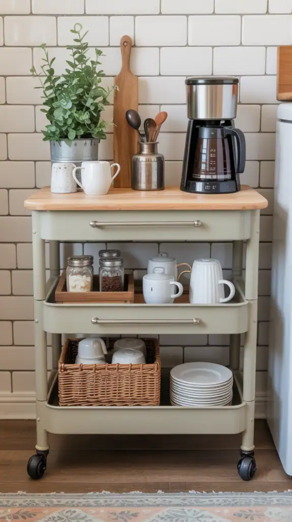 A small kitchen utility cart repurposed as a coffee station with organized supplies and decorative elements
