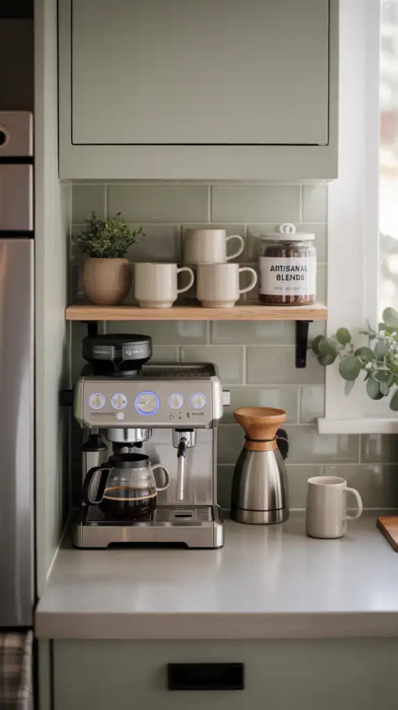 A beautifully styled small space coffee station with all essential elements organized efficiently